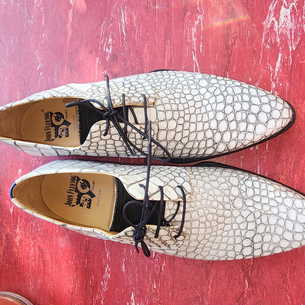 John Fluevog White Crocodile Pattern Men's Shoes